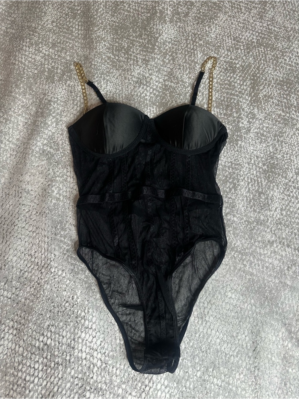 Black Lace Bodysuit with Gold Chain Straps